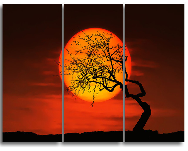 Birds And Tree Silhouette At Sunset Wall Art 3 Panels 36 X28 Contemporary Prints Posters By Design Usa Houzz - Sunset Wall Art Set Of 3
