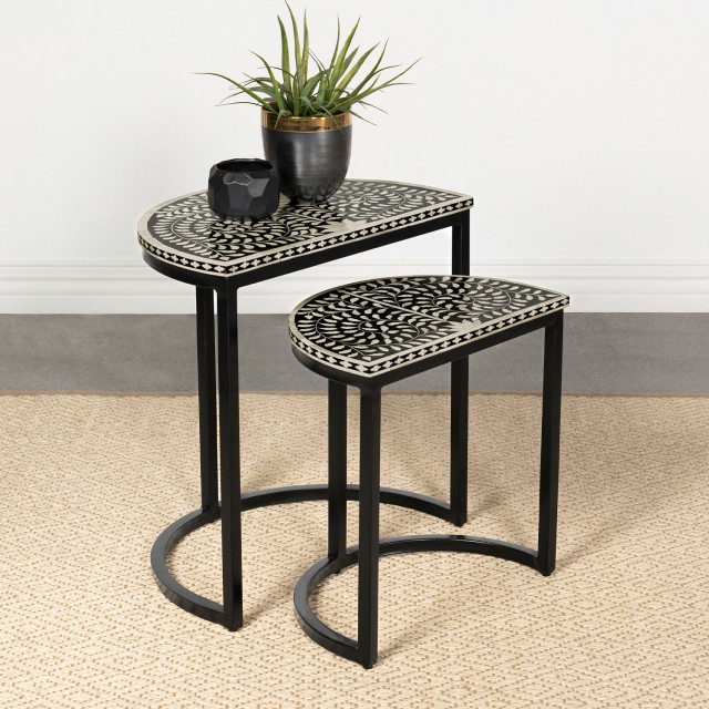 2 Piece Demilune Nesting Table, Black and White - Mediterranean ...