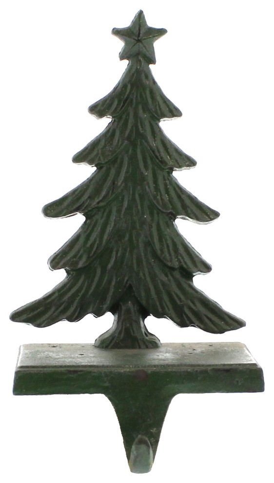 Christmas Tree Cast Iron Stocking Holder, Antique Green Rustic