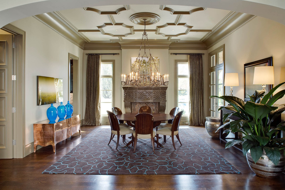 Large contemporary separate dining room in Dallas with beige walls and dark hardwood floors.