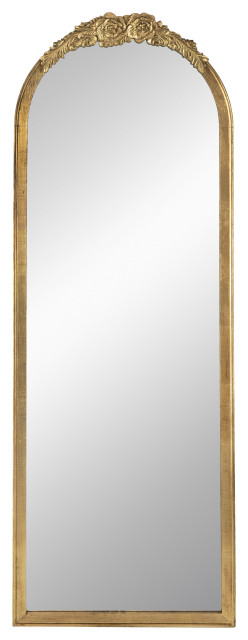 Benzara BM285555 Tall Arched Floor Mirror, Antique Floral Design, Gold