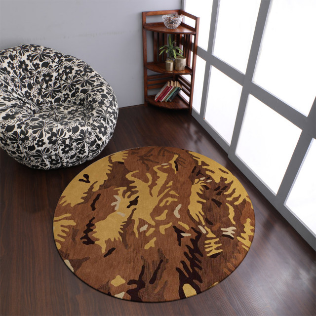 Hand Tufted Wool Area Rug Abstract Brown Gold, [Round] 10'x10 ...