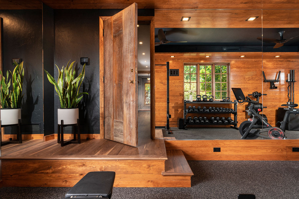 Mid-sized multipurpose gym in Other with cork floors, grey floor and recessed.
