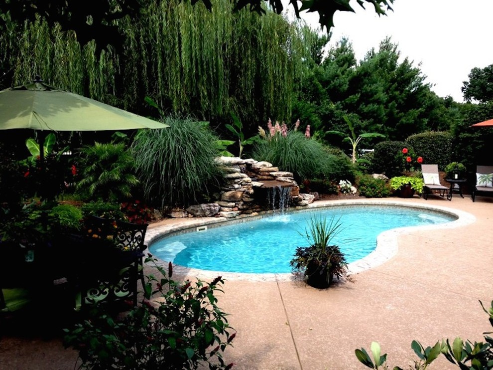 Example of a mid-sized transitional backyard concrete paver and custom-shaped pool fountain design in Nashville
