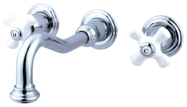 Wall Mounted Bathroom Faucet, 2 Elegant Crossed White Handles, Polished Chrome