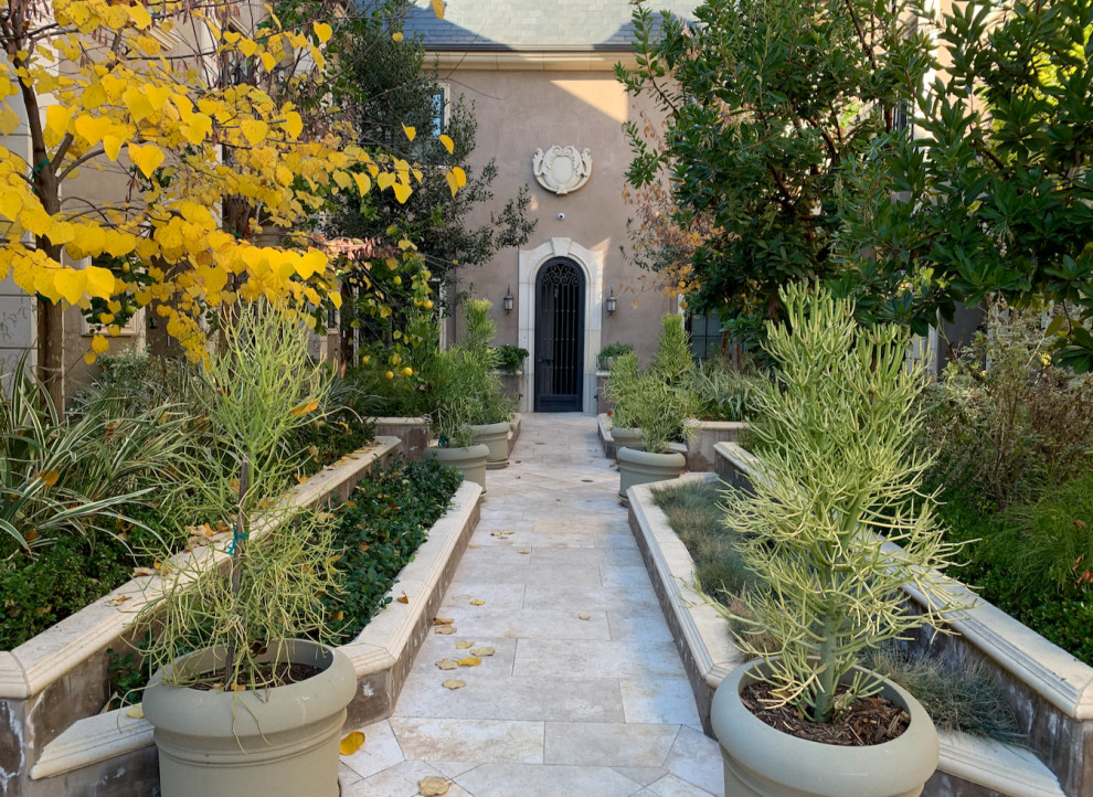 Foto di un grande patio o portico in cortile con un giardino in vaso, pavimentazioni in pietra naturale e nessuna copertura