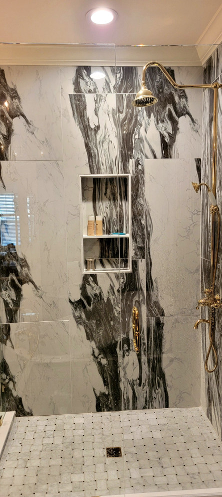 Elegant Walk-In Shower with Marble Statement Wall
