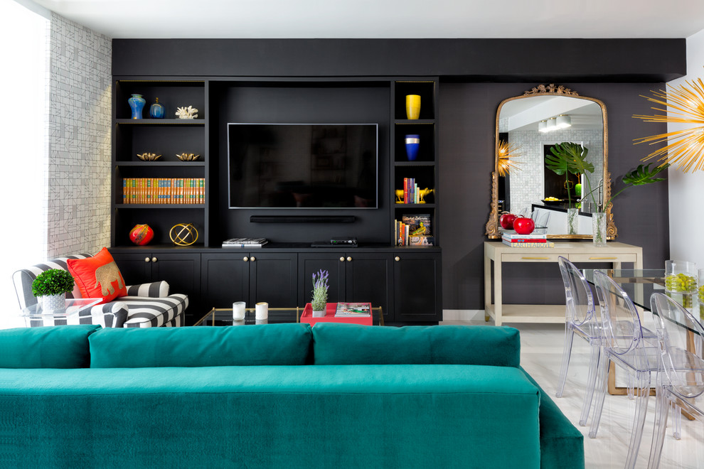 Design ideas for a small eclectic formal open concept living room in Miami with black walls, porcelain floors, a built-in media wall and white floor.