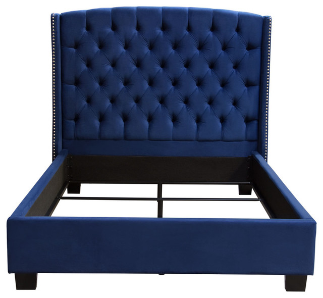 Majestic Tufted Bed With Nail Head Wing Accents, Royal Navy Blue, Queen