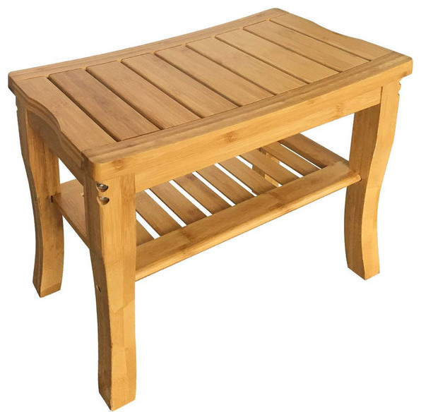 Bamboo Shower Bathroom Bench With Shelf 18" Modern Shower Benches