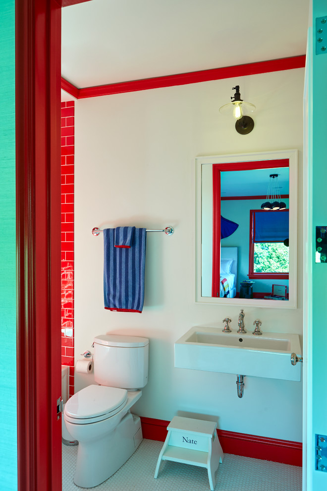 Inspiration for a mid-sized transitional kids bathroom in San Francisco with white walls, mosaic tile floors, a wall-mount sink, an alcove tub, an alcove shower, a two-piece toilet, red tile and ceramic tile.