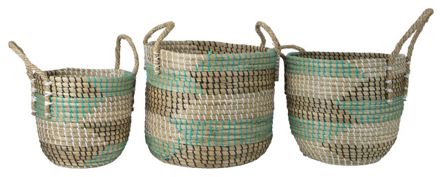 Set of 3 Natural Woven Seagrass Basket with Teal Black and White Accents