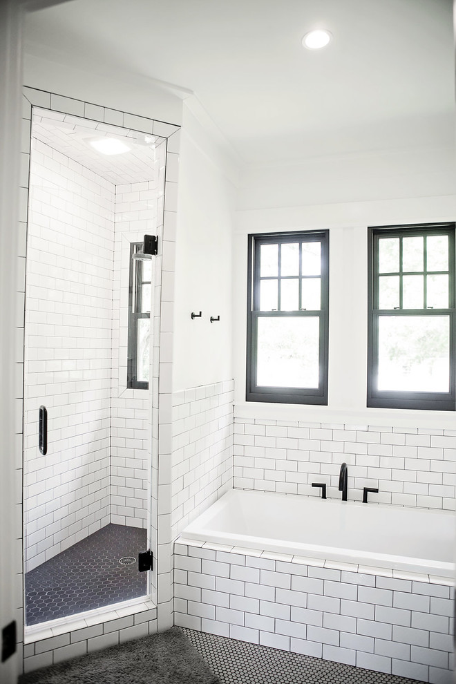 Photo of a scandinavian kids bathroom in Charlotte with black cabinets, marble, white walls, ceramic floors, grey floor and a hinged shower door.