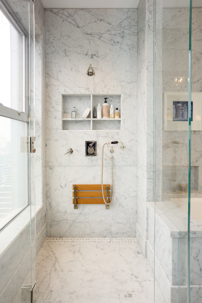 Inspiration for a mid-sized transitional master bathroom in San Francisco with an undermount tub, a corner shower, grey walls, an undermount sink, marble benchtops, a hinged shower door, a niche and a shower seat.