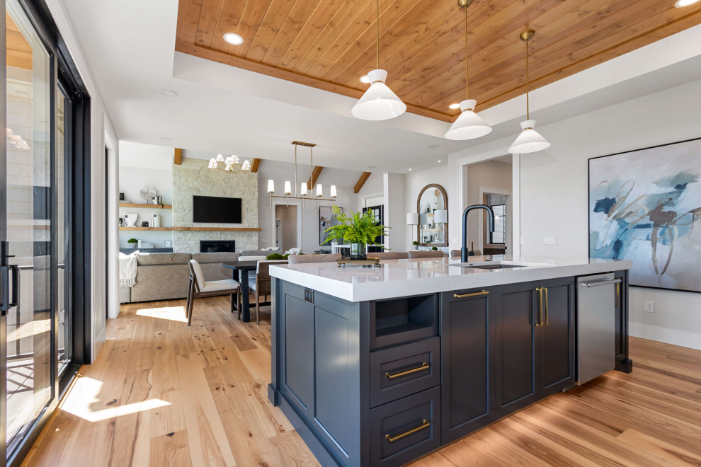 Eat-in kitchen - mid-sized transitional single-wall medium tone wood floor, brown floor and tray ceiling eat-in kitchen idea with an undermount sink, shaker cabinets, black cabinets, quartz countertops, white backsplash, quartz backsplash, stainless steel appliances, an island and white countertops