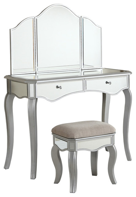 Vanity With 3 Fold Mirror And Stool Set Transitional Bedroom 3 Fold Mirror And Stool Set