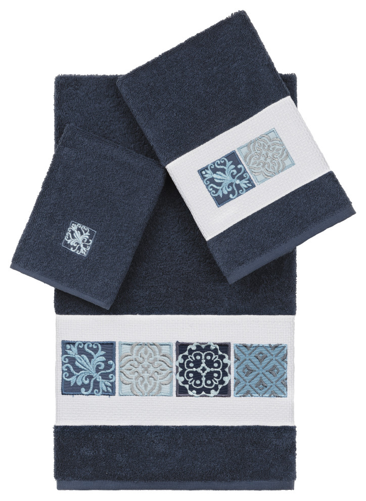 100 Turkish Cotton Vivian 3Piece Embellished Towel Set, Midnight Blue