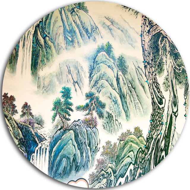 Blue Chinese Landscape Painting, Floral Disc Metal Wall Art Asian