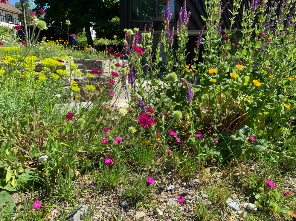Hanggarten im Sommer mit Hochbeet, direkter Sonneneinstrahlung und Natursteinplatten in Stuttgart