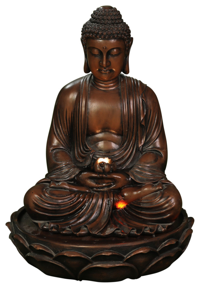 resin meditating buddha on column patio fountain with led light
