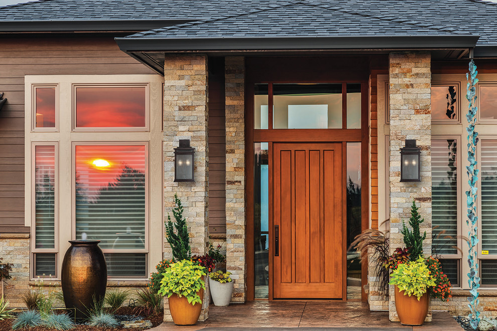 Front door - transitional front door idea in San Francisco with a medium wood front door