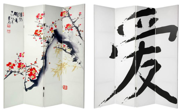 Double Sided 6 Ft. Cherry Blossoms/Love Folding Screen - 4 Panel