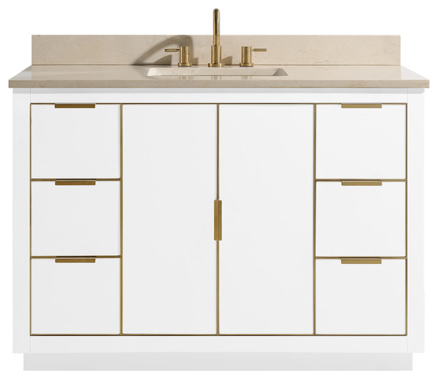 Avanity Austen 48 in. Vanity in White with Gold Trim and Crema Marfil Marble Top