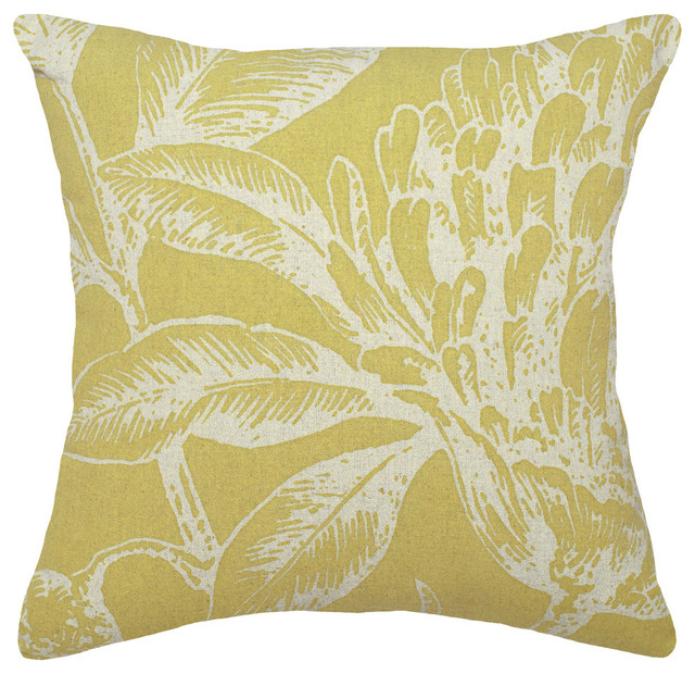 Floral Printed Linen Pillow With Feather-Down Insert, Mustard