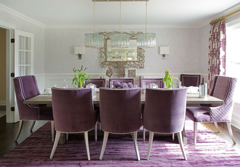 This is an example of a mid-sized transitional separate dining room in DC Metro with grey walls, medium hardwood floors, no fireplace and purple floor.