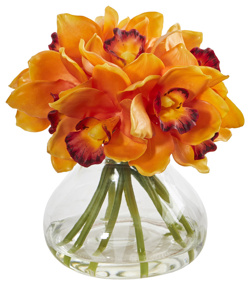 Cymbidium Orchid Artificial Arrangement in Glass Vase, Orange