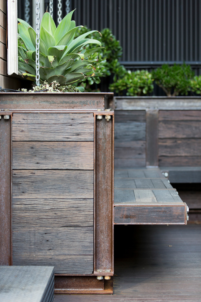 Inspiration for a small industrial courtyard patio in Sydney with a container garden, decking and a pergola.