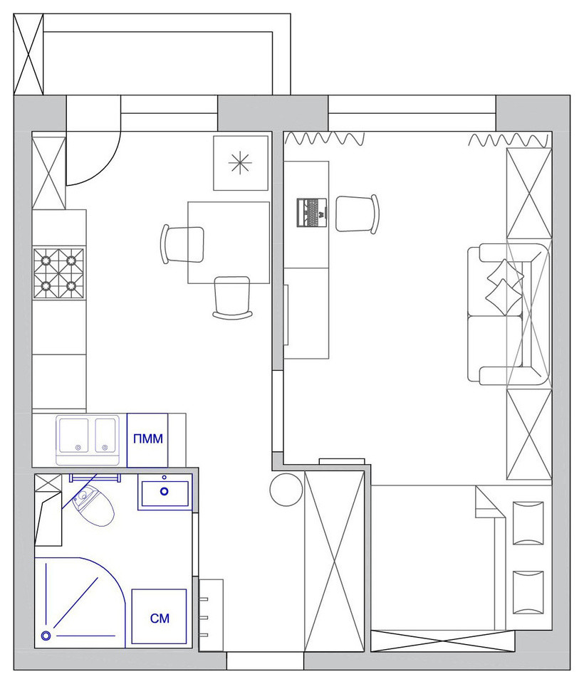 Однокомнатная квартира 33 кв.м: фото дизайна интерьера, варианты планировки