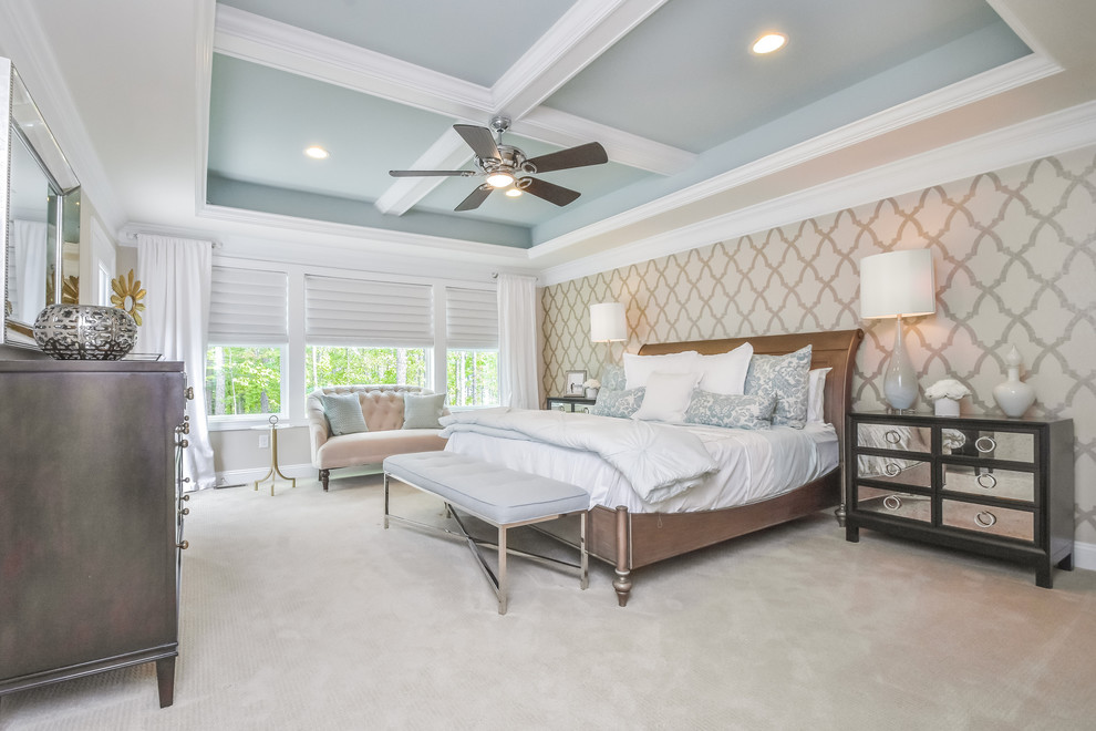 This is an example of a traditional master bedroom in Other with beige walls, carpet, no fireplace and beige floor.