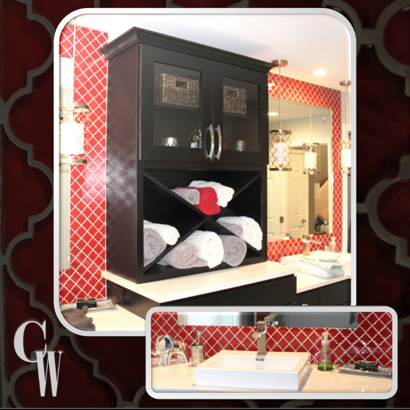 Example of a large master red tile and glass tile porcelain tile, gray floor and double-sink doorless shower design with raised-panel cabinets, black cabinets, a one-piece toilet, gray walls, a vessel sink, quartz countertops, white countertops and a built-in vanity