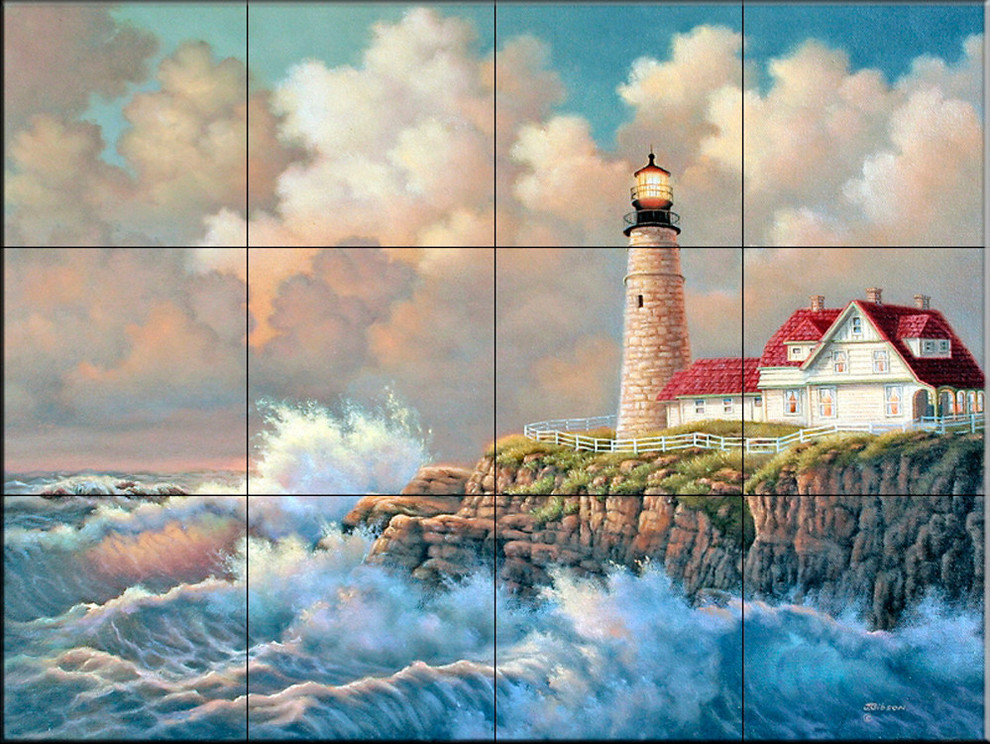 Tile Mural, Harbor Light by Judy Gibson, 17" x 12.75" (12 Tiles) Beach Style Tile Murals