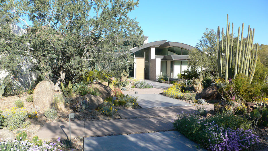 Design ideas for a mid-sized contemporary drought-tolerant and partial sun front yard garden path in Phoenix for spring.