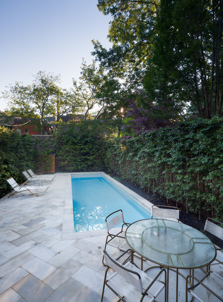 Design ideas for a mid-sized modern backyard rectangular pool in Other with natural stone pavers.