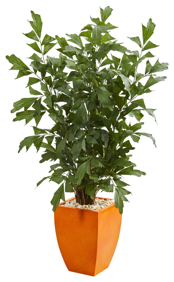 5' Fishtail Artificial Palm Tree, Orange Planter Contemporary