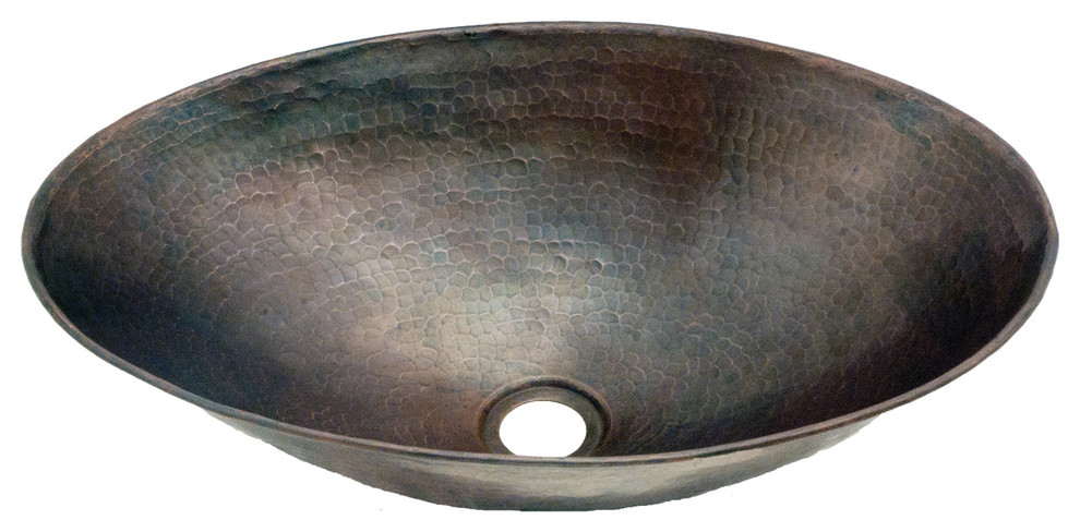 Copper Crafted Hammered Oval Vessel Sink With Bar Drain Hole, 15"