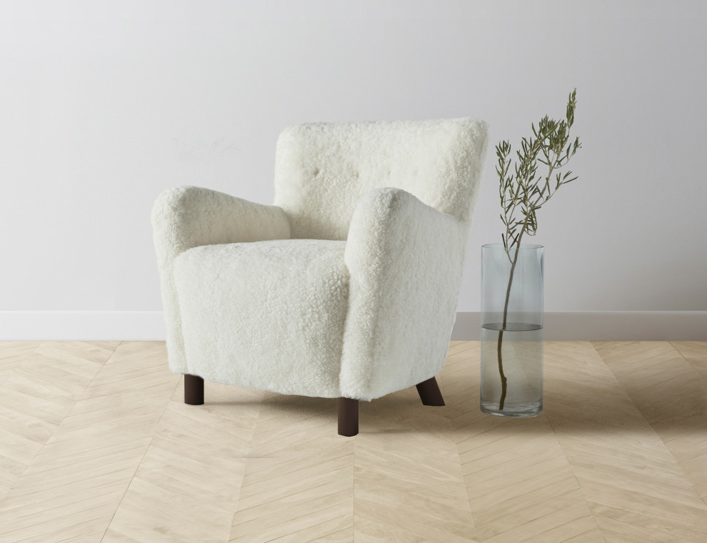 The Perry Chair in Ivory Shearling and Coffee finish by Maiden Home