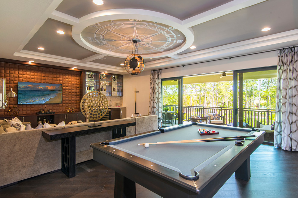 Alton - Edge D Model Bonus Room - This oversize bonus room offers plenty of seating, and multiple entertaining options, including large wetbar, pool table area, and tv viewing spaces. 
The one-of-a-kind compass ceiling treatment is a conversation starter!