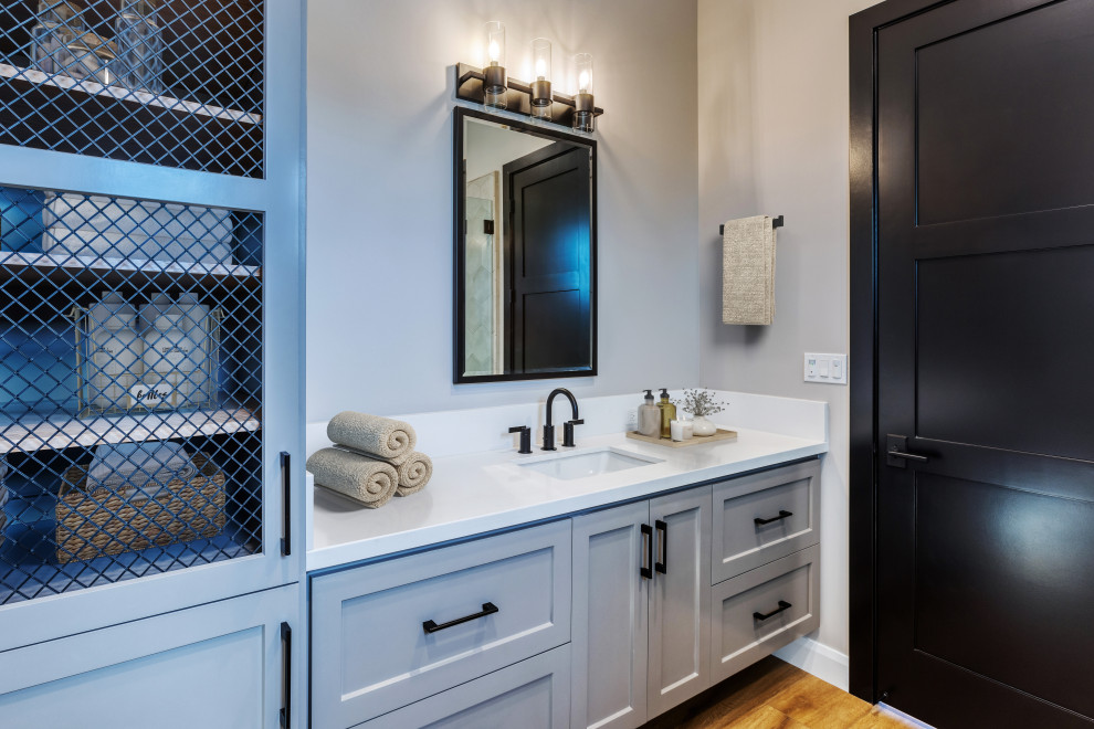 Gray Double Sink Vanity & Built-In Linen Storage Bathroom | French Country Trans
