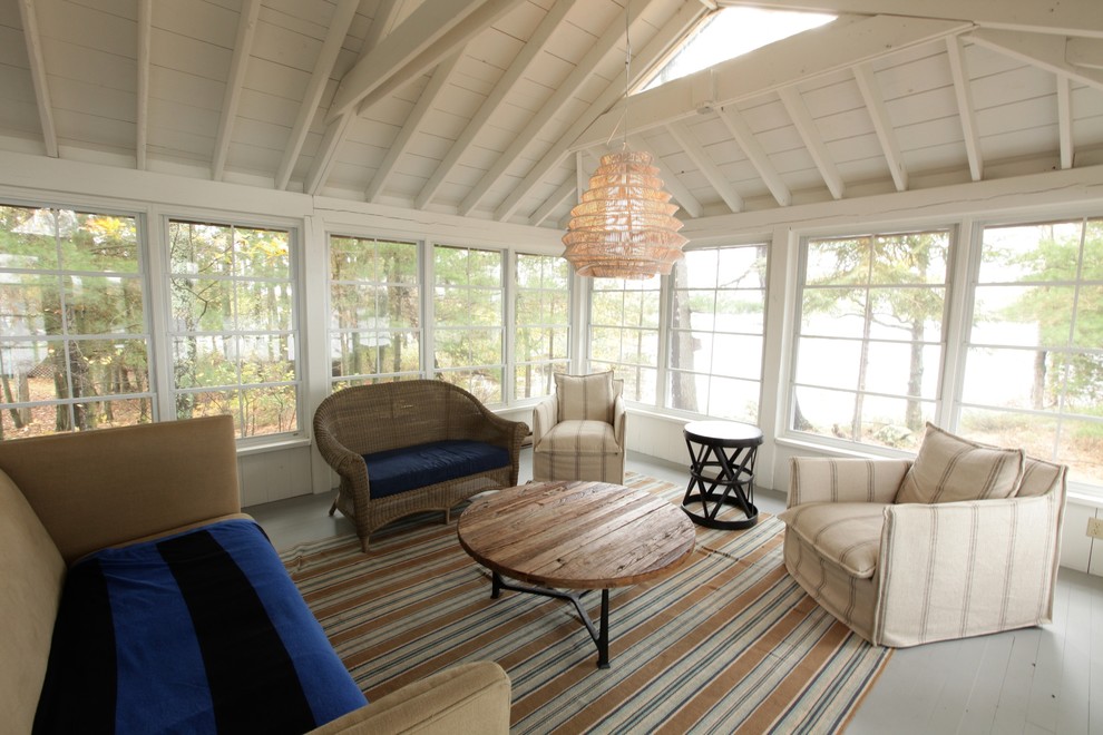 Design ideas for a traditional sunroom in Toronto with painted wood floors, no fireplace and a skylight.