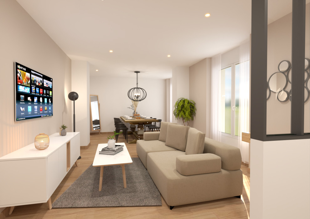 На фото: открытая гостиная комната среднего размера в стиле неоклассика (современная классика) с бежевыми стенами и телевизором на стене без камина с