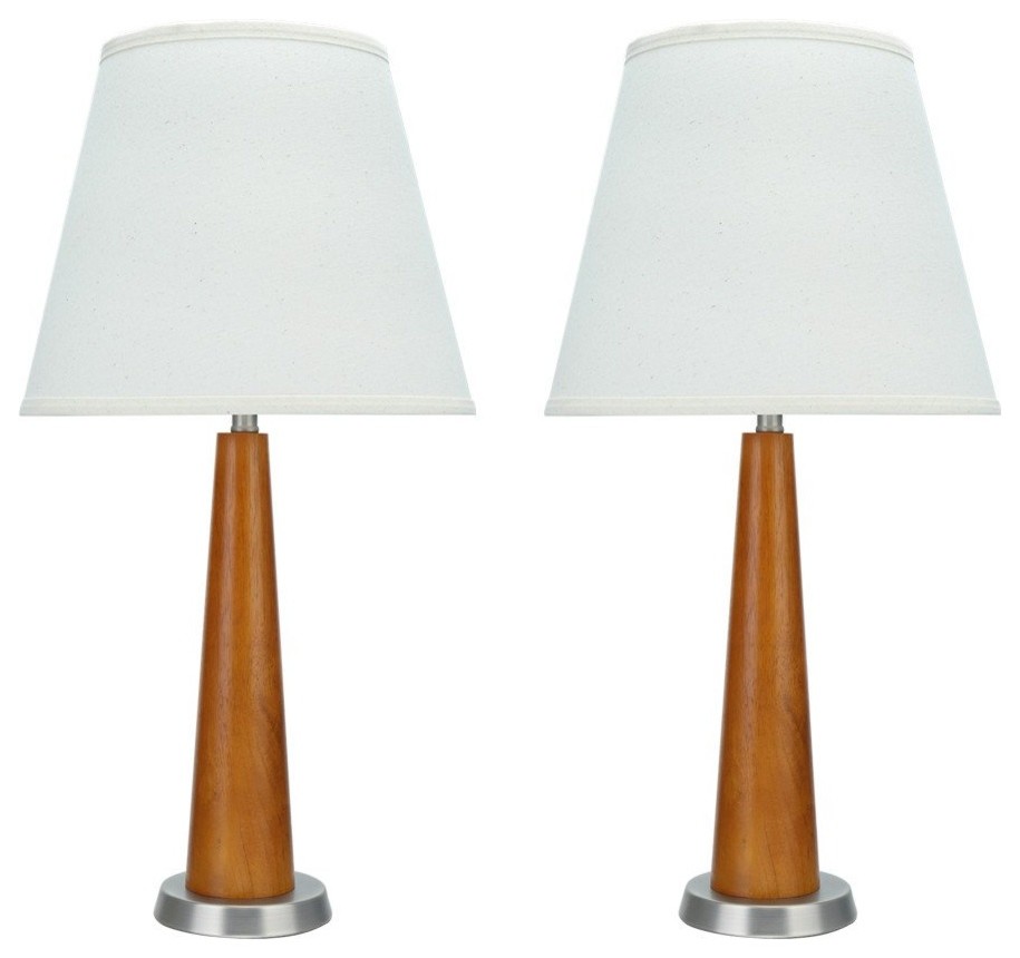 40096, 2-Pack Set, 25" High Wood Table Lamp, Brown Wood with Pewter Finish Base