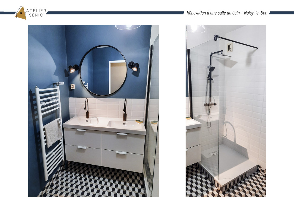 Immagine di una piccola stanza da bagno con doccia design con piastrelle diamantate, pareti blu, pavimento con piastrelle in ceramica e due lavabi
