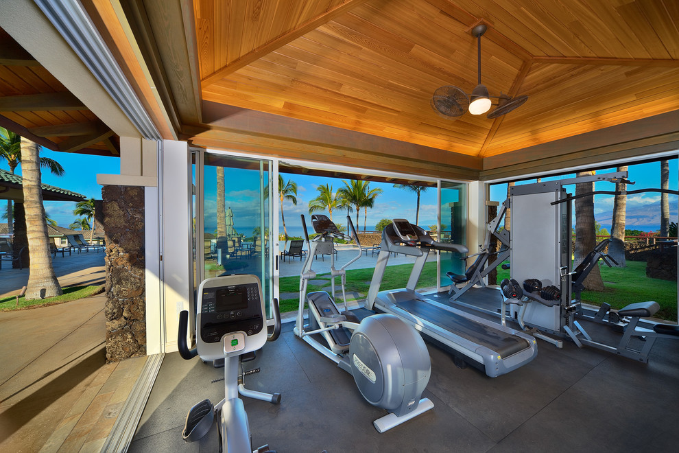 Design ideas for a tropical home gym in Hawaii.