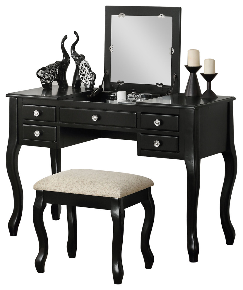 Flip Up Mirror Vanity Set With Stool, Black Traditional Bedroom