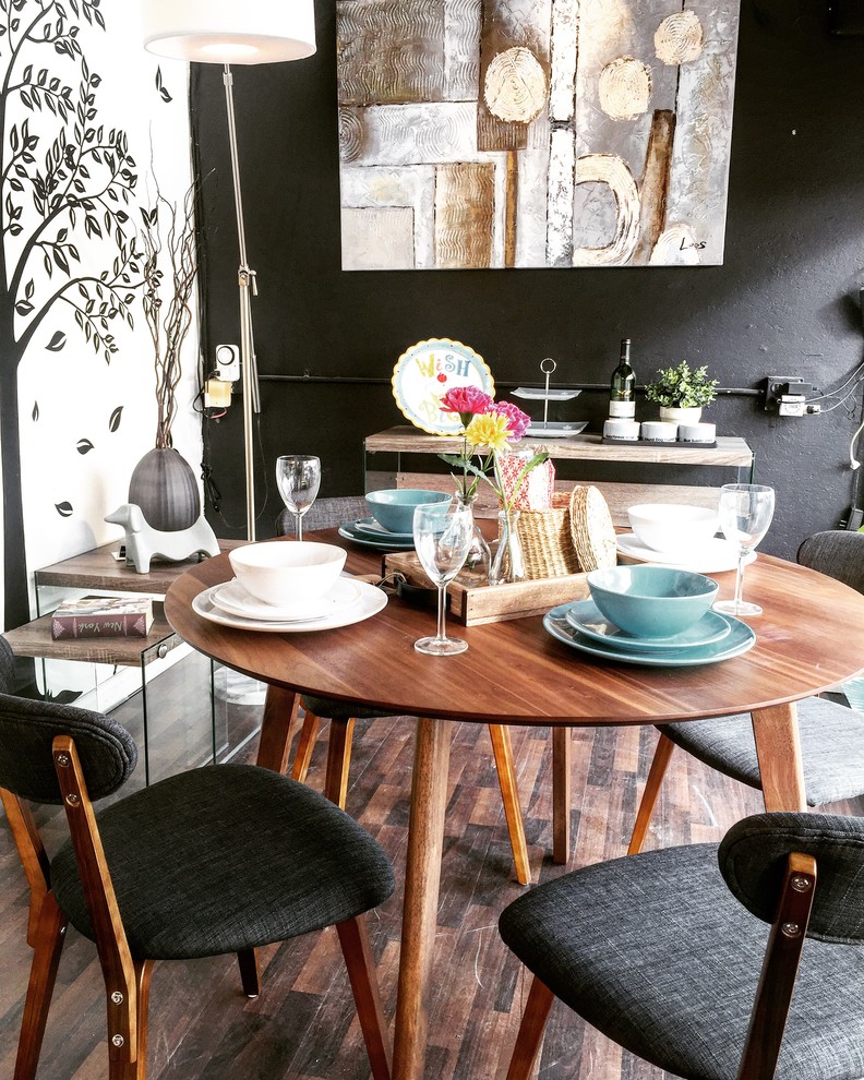 Great room - small 1960s laminate floor great room idea in Vancouver with black walls