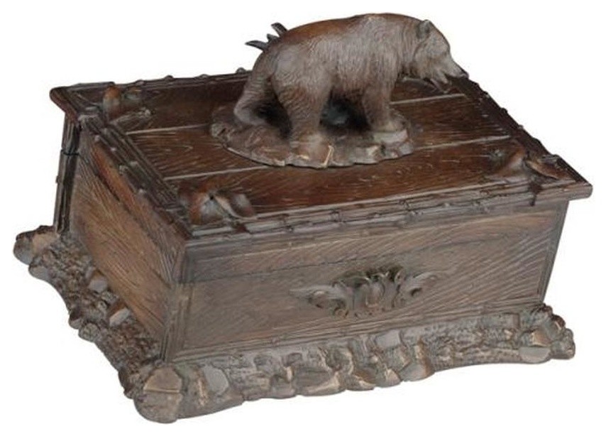 Box Mountain Bear Hinged Lid Hand-Cast Intricately Carved Resin OK
